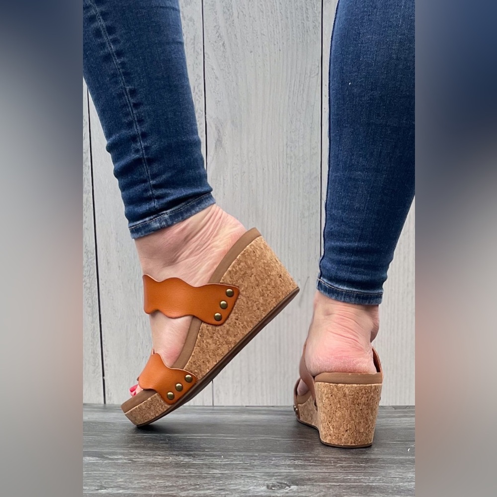Corkys Footwear Obviously cognac brown Scalloped Double Strap Wedges - Picture 5 of 7